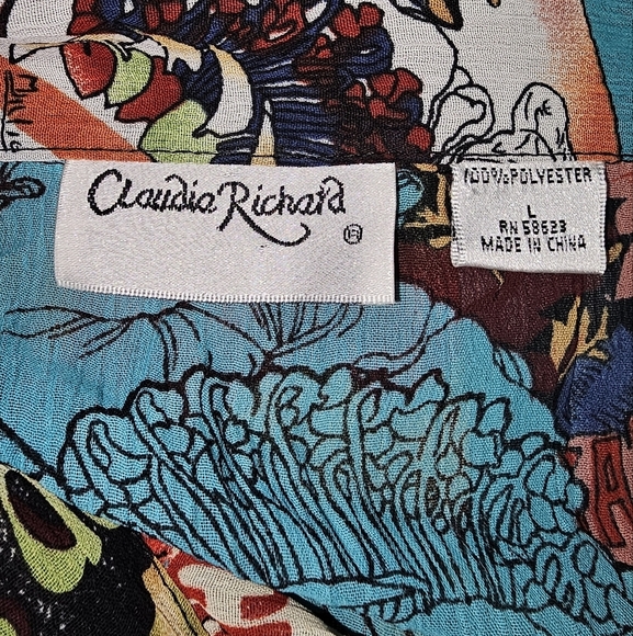 Vintage Claudia Richards Colorful Comic Print Shirt with flowy ribbons Size Lg - Picture 7 of 10